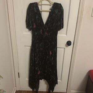 The Kooples Black V-Neck High-Low Dress with Blue and Pink Accents